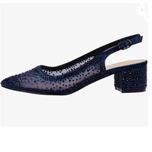 XYD Navy Rhinestone Pumps Sheer Mesh Slingback Block Low Heels Pointed Toe Shoes
